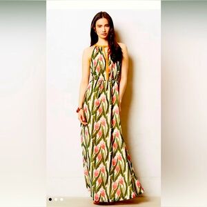 Anthropologie Green and Pink Floral Maxi Dress